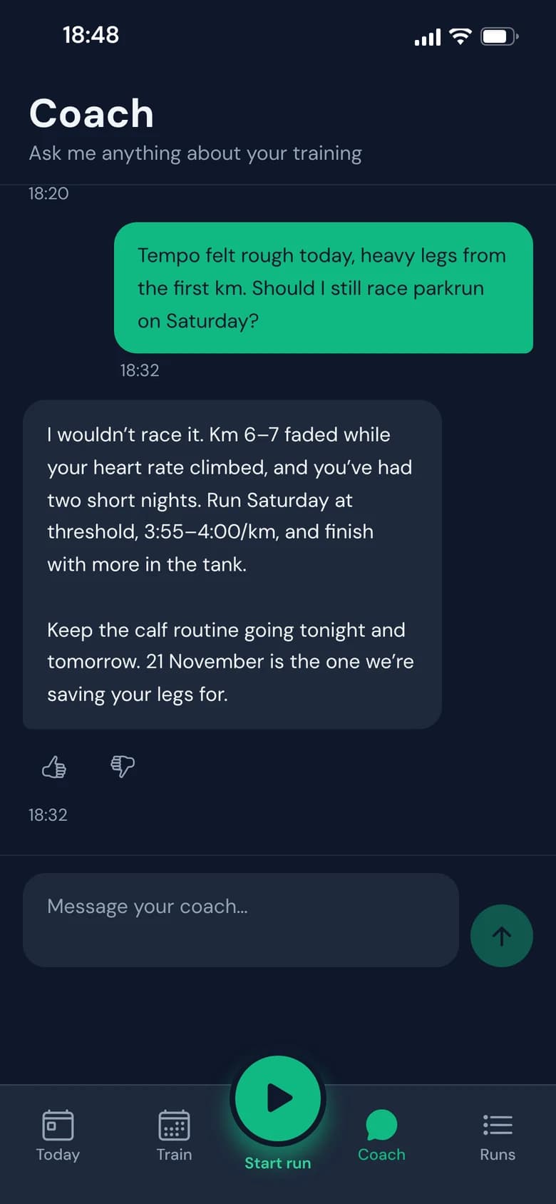 The Coach chat: the runner asks whether to race parkrun after a heavy-legged tempo; the coach says to run it at threshold