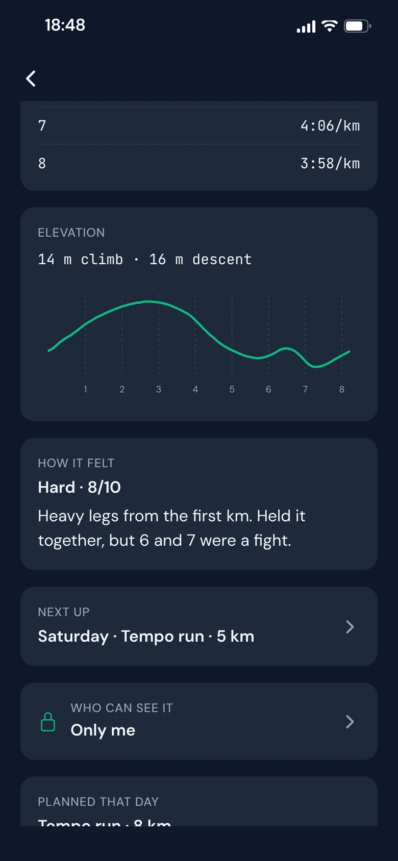 A run recap: elevation profile, how it felt (hard, 8 out of 10, heavy legs) and the next session