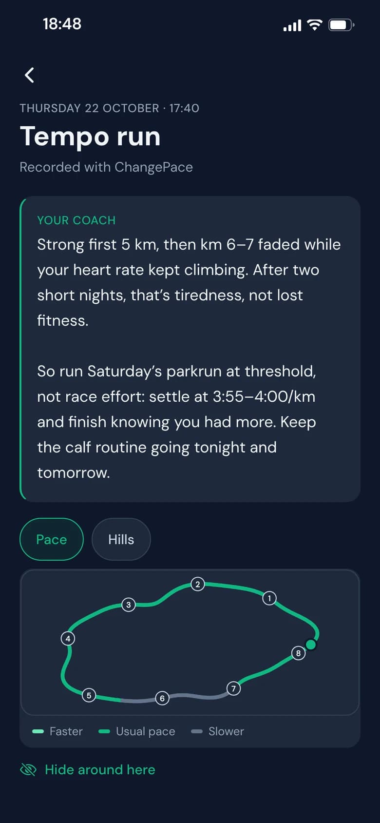 A run recap in the app: your coach's take on a tempo run, then the route coloured by pace
