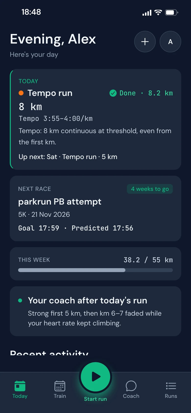 The Today screen: a tempo run marked done, the next race, 38.2 of 55 km this week, and your coach’s note after the run