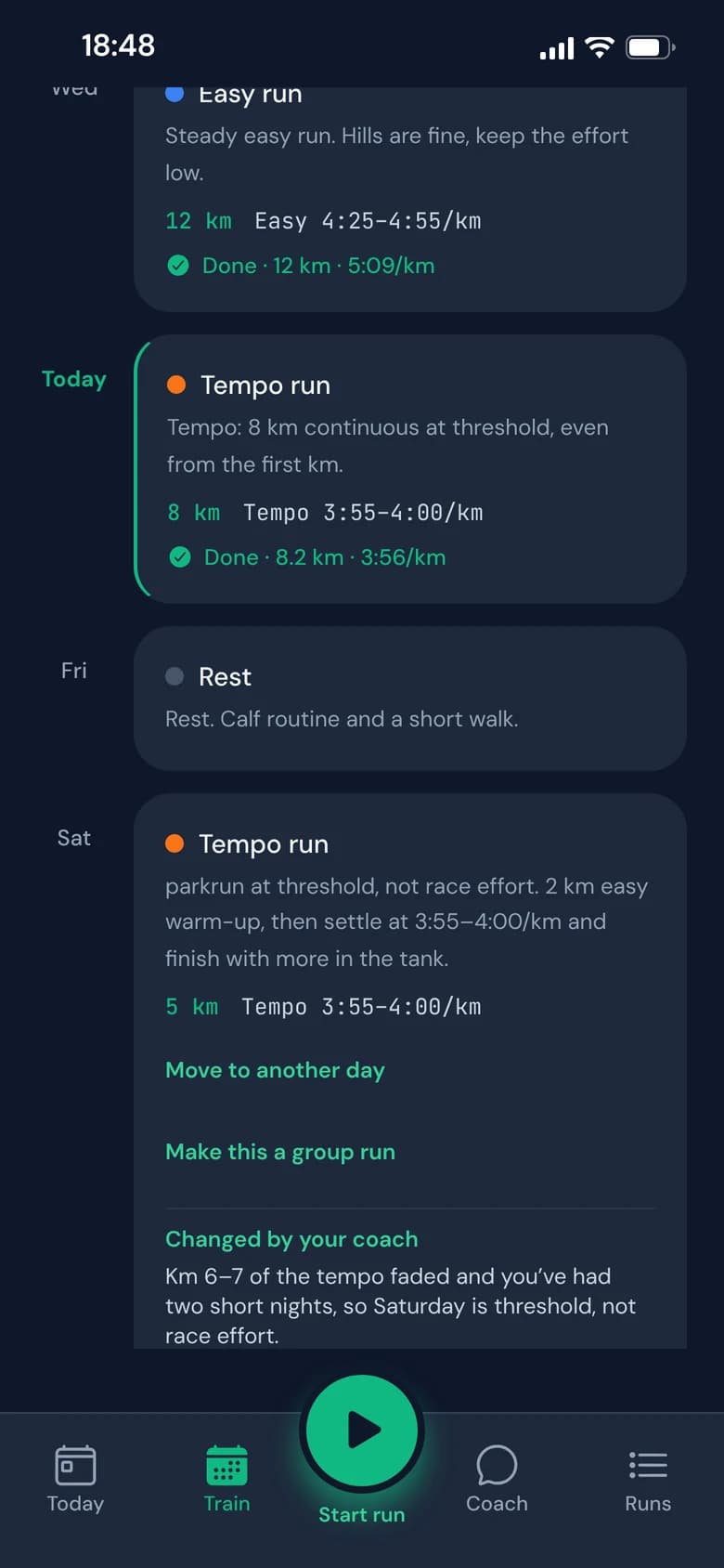 The Train screen: Thursday’s tempo done, a rest day, and Saturday’s parkrun changed by your coach to threshold effort